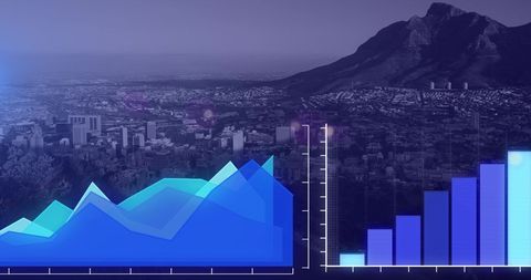 Statistical Data Overlay on Cityscape with Mountains - Download Free Stock Images Pikwizard.com