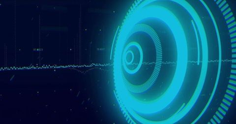 Futuristic Digital Interface with Concentric Blue Neon Circles and Data