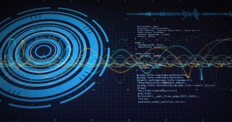 Futuristic digital interface with scanning graphic and code text