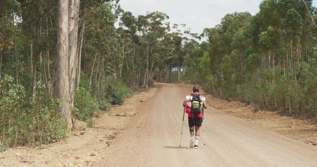 Biracial man with prosthetic leg trekking with walking poles and backpack on treelined road. Long distance walking, fitness, challenge, disability, nature and healthy outdoor lifestyle.