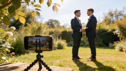Recording same-sex garden wedding ceremony on smartphone tripod