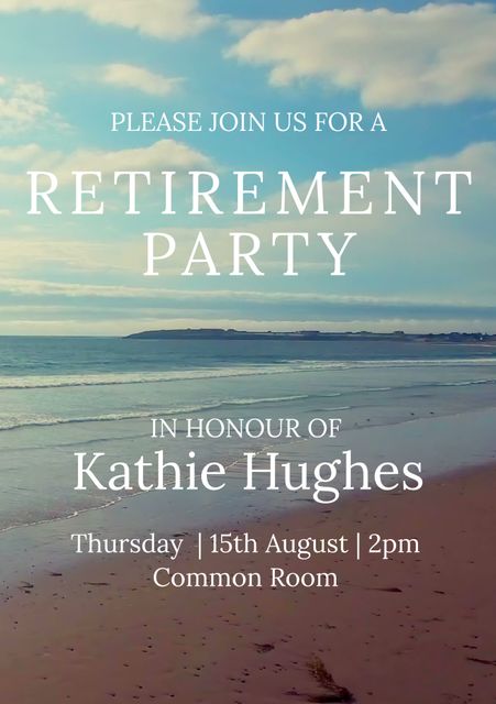 Ideal for creating elegant and inviting retirement party invites. Calming beach background suggests tranquility and new life chapter.