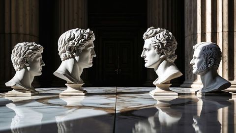 Classical marble busts on reflective surface in historic museum, talking heads
