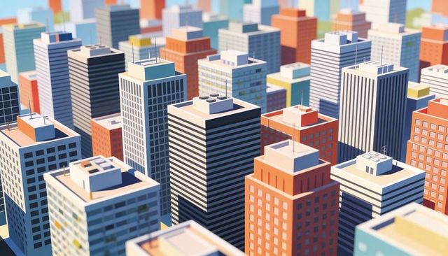 Stylized aerial cityscape displaying mid and high-rise buildings with flat rooftops