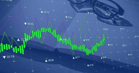 Digital candlestick chart analysis foreground desk workspace