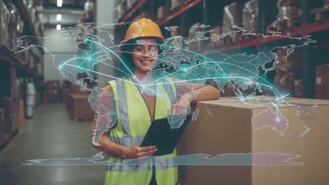 Warehouse Operator Using Tablet with Digital Global Map Overlay