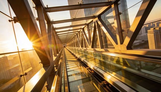 Sunlit Glass Skywalk Leading Through Modern City Corridor With Steel Trusses
