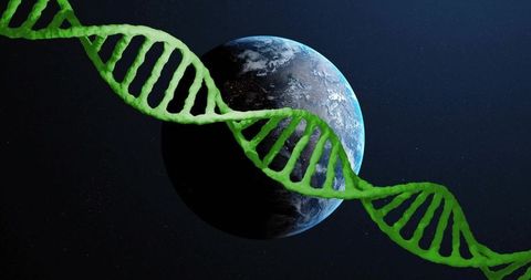 Green dna helix spiraling around earth showing global genetics, space biotechnology concept