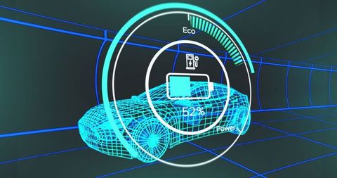 Futuristic Wireframe Car in Digital Grid Tunnel with Battery Indicator