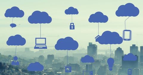 Digital Clouds with Tech Icons Over Cityscape - Download Free Stock Images Pikwizard.com