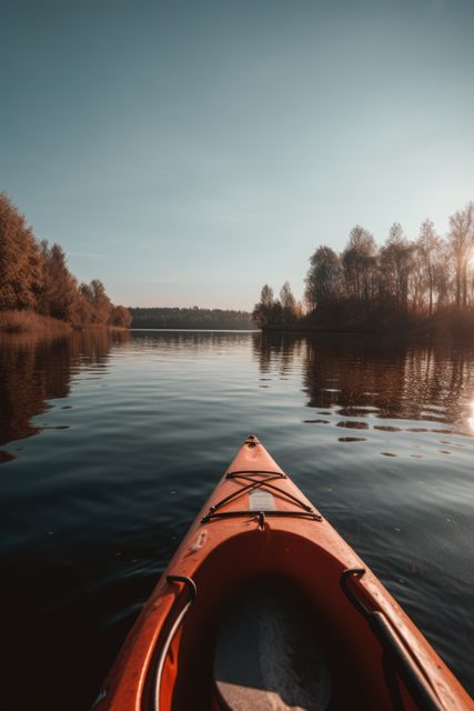 Orange Kayak Gliding Through Tranquil Lake at Sunset - Download Free Stock Images Pikwizard.com