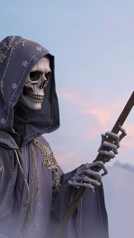 Vertical cinematic opening: Hooded skeletal reaper gripping scythe at dawn with misty sky
