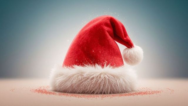 Resting red velvet Santa hat with faux-fur brim and glitter sparkle for holiday decor