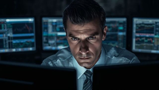 Intense trader studying real-time stock charts on multiple monitors for finance analytics