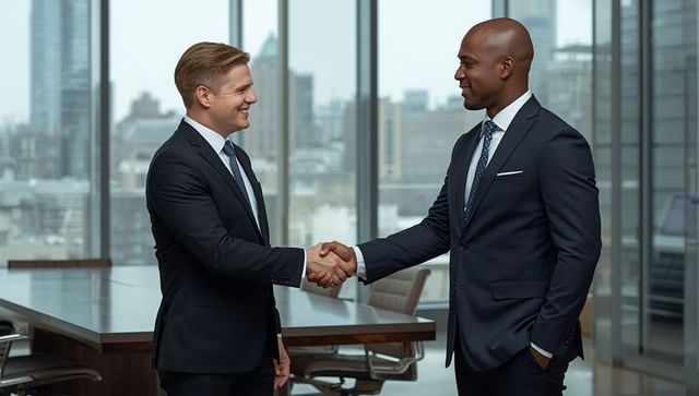 Executives Shaking Hands in Modern Office with Skyline View