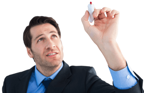 Transparent businessman writing with red marker on invisible board