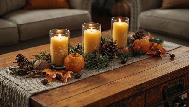 Cozy autumn decor with lit candles and seasonal accents