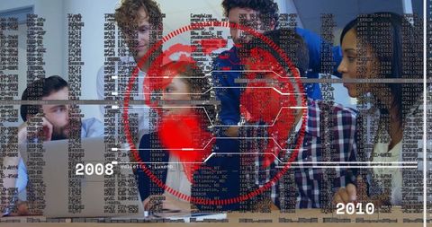 Team Collaborating on Global Data Networks in Office