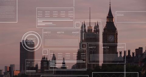 Financial Data Over London Cityscape Depicting Global Connections