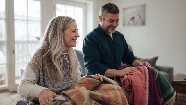 Couple folding cozy blankets on sofa by sunlit french doors, casual at-home moment