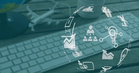 Global Business and Finance Icons Overlaying Office Desk