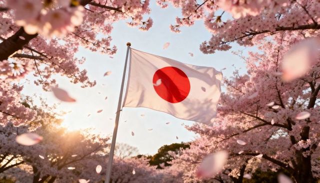 Waving japanese flag among cherry blossoms at sunrise with sakura petals floating