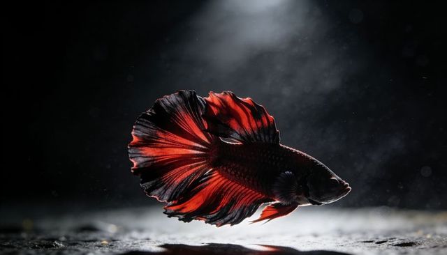 Backlit crimson betta splendens gliding with flowing fins in dark aquarium