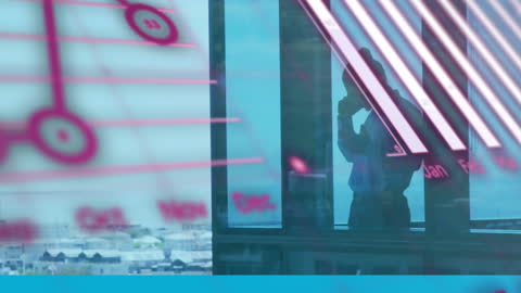 Overwhelmed Businessman Using Smartphone Amidst Data Visualization