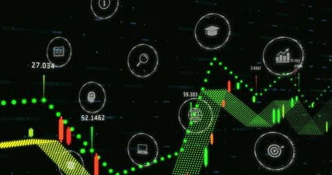 Digital trading dashboard with candlesticks and analytics symbols