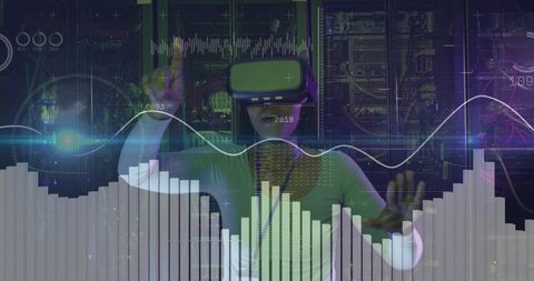 Woman Using VR Technology for Data Analysis in High-Tech Server Room