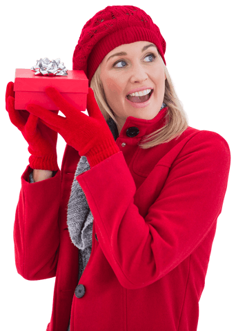 Cheerful Woman in Red Holding Transparent Gift Box with Excitement