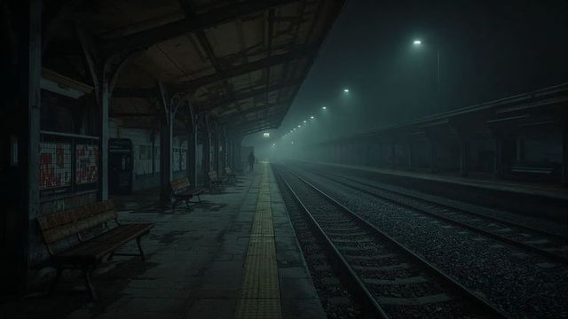Solitary figure on dimly lit nocturnal railway platform