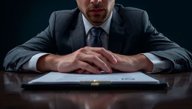 Executive reviewing contract on clipboard at polished table, moody boardroom portrait
