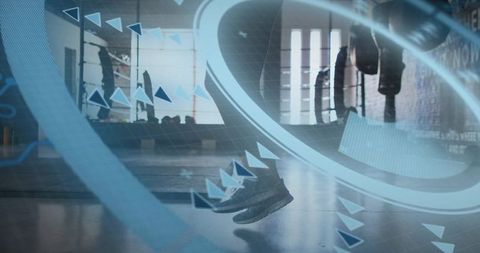 Jumping Fitness Silhouette with Futuristic Blue HUD Overlays in Loft Studio
