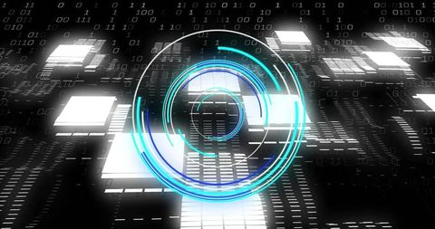 Futuristic digital interface over cityscape with binary code