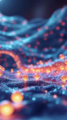 Vertical loopable animation showing glowing orange spheres rolling across undulating blue mesh