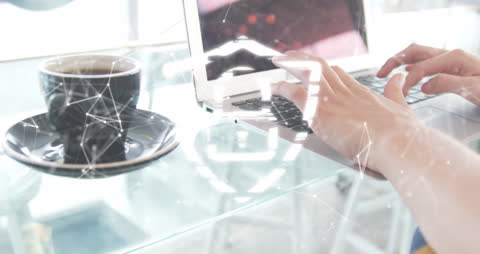 Hands Using Laptop with Digital Lock and Network Symbols