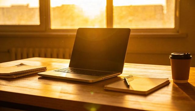 Sunlit workspace with laptop, notebooks and coffee on wooden desk for morning productivity