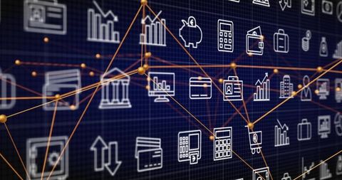 Linking finance icons with glowing orange nodes on dark digital grid for fintech analytics