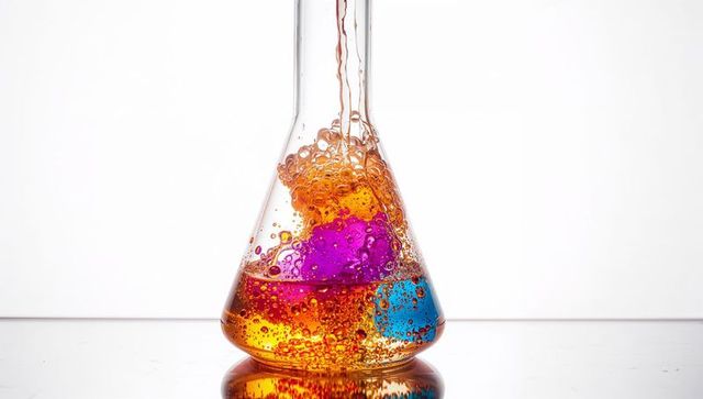 Pouring vibrant immiscible liquids into erlenmeyer flask with orange magenta cyan bubbles