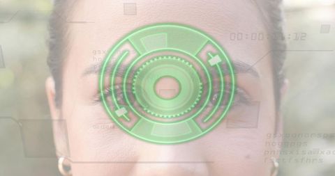 Pacific islander woman gazing with green ar hud overlay on forehead, outdoor serene portrait