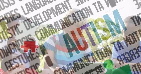 Kids using tablets with autism and puzzle concept