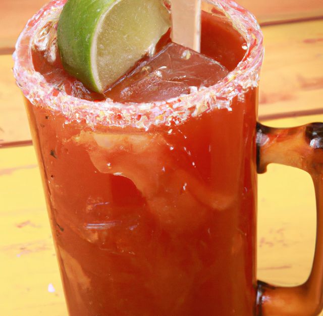 Image of close up of michelada drink in glass with sugar frosted edge and slice of lime - Download Free Stock Photos Pikwizard.com