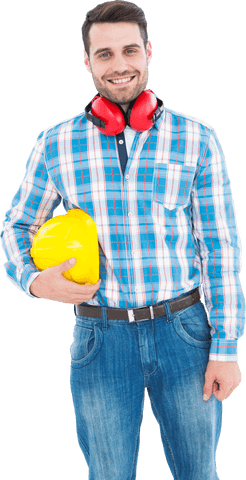 smiling worker wearing ear muffs and holding hard hat transparent - Download Free Stock Videos Pikwizard.com