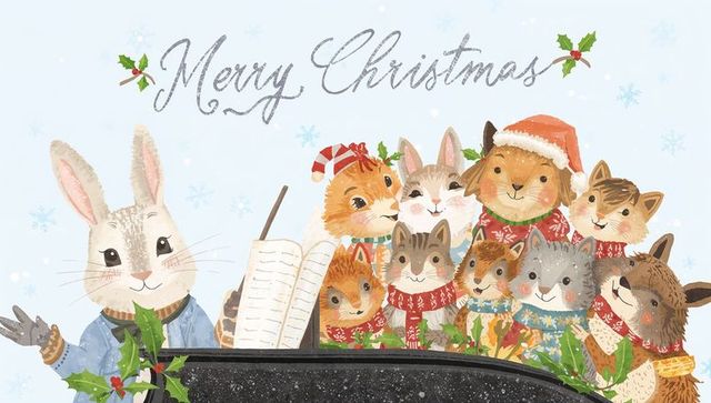 Conducting rabbit leading woodland choir singing christmas carols behind piano, festive