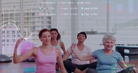 Multigenerational women practicing seated yoga with augmented data HUD and urban skyline
