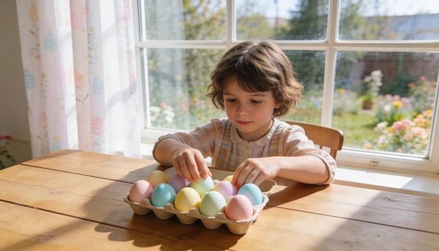 Child arranging pastel easter eggs on wooden table by sunlit window with garden view