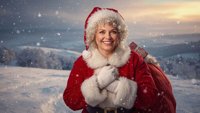 Joyful Woman in Santa Costume Holding Sack in Snowy Field at Dusk