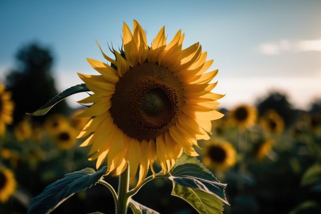 Closeup of a vibrant sunflower in full bloom under afternoon sunlight. Yellow petals and green leaves contrast against a blurred background of more sunflowers. Ideal for use in nature-themed designs, gardening publications, or summer promotional materials.