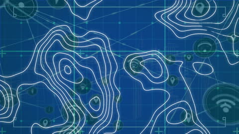 Abstract Digital Topography with Network Icons on Grid Background